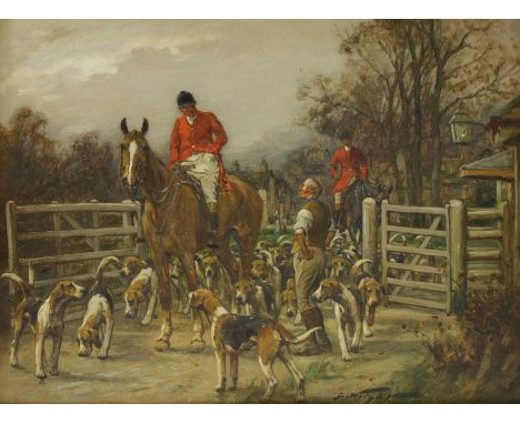 George Wright (1860-1942)Huntsman and hounds pausing to talk to a gate mansigned 'G. Wright' l.r., oil on canvas18 x 23cmCond