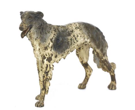A cold-painted bronze figure of a borzoi,24cm wide15cm highCondition report: Well-handled and stands nicely.