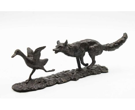 *Linda Frances (contemporary)Fox chasing goosebronze34cm wide6cm deep9cm high*Artist's Resale Right may apply to this lot.