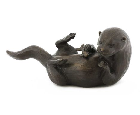 *Rosalie Johnson (b.1933)'Prize catch', an otter holding a fishbronze with brown patina, signed, inscribed and numbered 'Rosa