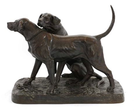 August Nicholas Cain (French, 1822-1894)Lumineu and Séduisant, a pair of hunting houndsbronze with brown patina, inscribed, s