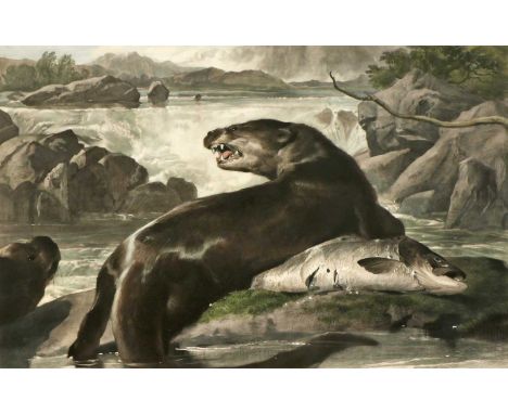 Charles George Lewis (1808-1880) after Sir Edwin Landseer RA'Otters and Salmon'mezzotint engraving with hand-colouring, signe