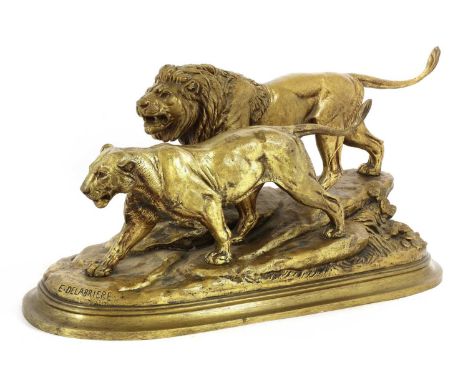 After Paul-Édouard DelabrièrreA lion and lionessgilt-bronze, signed by the lioness's paw 'E Delabriere'70cm wide36cm highCond