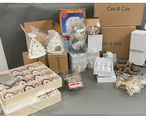 A large selection of Christmas decorations, including Cox and Cox light up bauble balls etc 