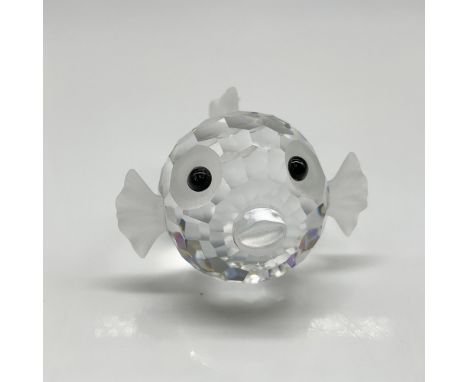 Clear crystal figural with frosted crystal fins, mouth and around eyes. Black crystal button eyes look out to you. Swarovski 