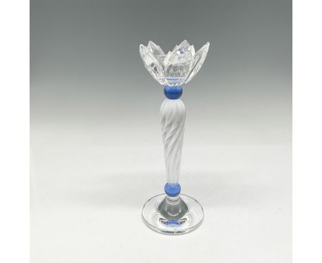 Frosted crystal twisted stem with blue crystal bands at base and at holder. Holder is designed with clear crystal leaves arou