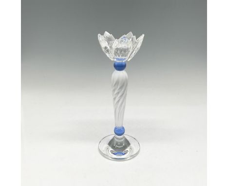 Frosted crystal twisted stem with blue crystal bands at base and at holder. Holder is designed with clear crystal leaves arou