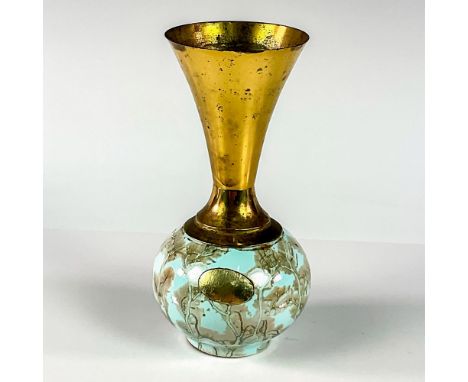 Turquoise toned with lustre finish &amp; branch patterning. Brass accented middle &amp; top.Golden Delft sticker on front. Ha