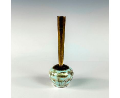 Turquoise with lustre finish and branch patterning. Round body. Narrow brass spout.Hand Painted Delft Holland on bottom. This