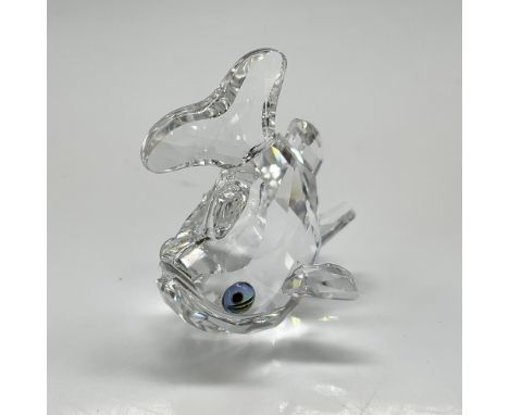 Clear crystal body with tail up, looking out with blue crystal eyes. Part of the Beauties of the Lake theme group. Swarovski 