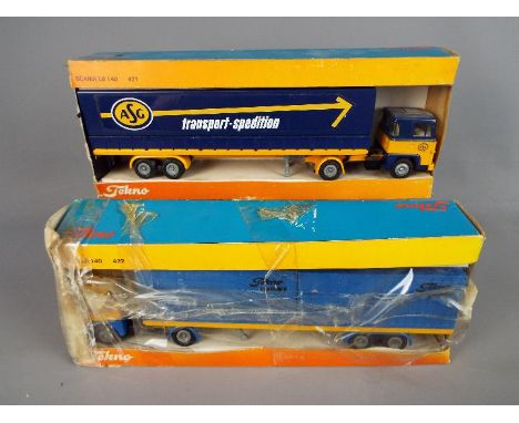 Tekno - Two boxed 1:50 scale diecast rucks by Tekno. Lot consists of Tekno #421 Scania LB 140 - Transport Spedition; and Tekn