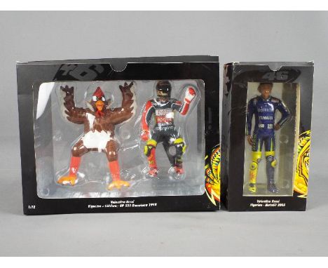 Minichamps Valentino Rossi Collection - two 1:12 scale diecast figures depicting Valentino Rossi, figurine and chicken, GP 25