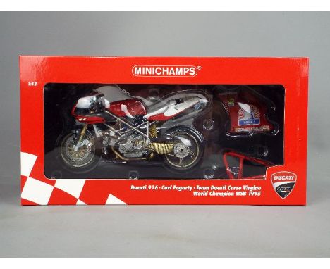 Minichamps - a 1:12 scale diecast model Ducati 916, Carl Fogarty, Team Ducati Corse Virgino, World Champion WSB 1995, appears