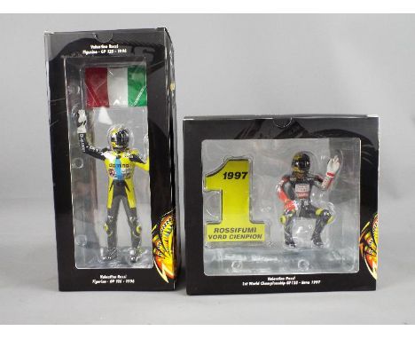 Minichamps Valentino Rossi Collection - two 1:12 scale diecast figures depicting Valentino Rossi, 1st World Championship GP12