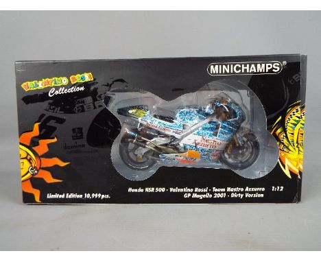 Minichamps Valentino Rossi Collection - a 1:12 scale diecast model Honda NSR500, Team Nastro Azzurro, GP Mugello 2001, dirty 