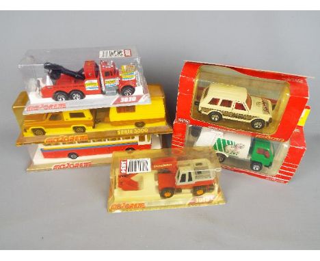 Majorette - Six boxed diecast vehicles from Majorette. Lot features  #3064 Mercedes Bus; #3053 Chevrolet and Caravan; #3030 P