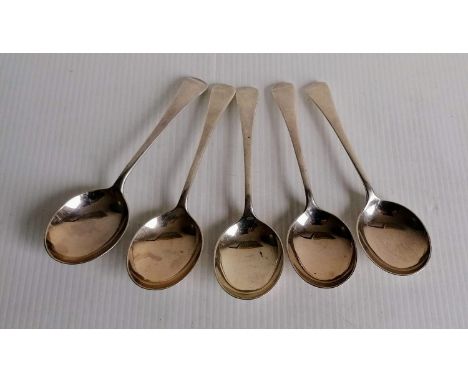 A set of five silver Old English soup spoons by James Dixon &amp; Sons, Sheffield, 1954, 16.5 cm, 274g (5) 