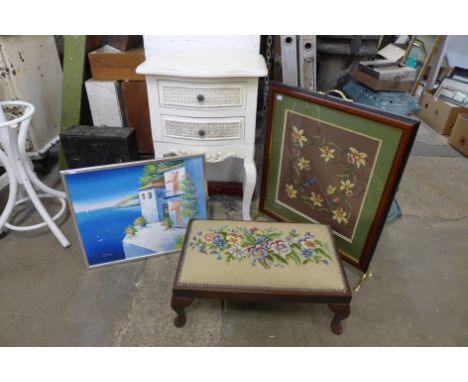 An embroidered firescreen, mahogany and embroidered stool, Italian oil painting and a painted two drawer chest 