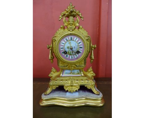 A 19th Century Japy Freres gilt metal mantel clock, dial painted and signed, G. Chambers, Colchester on gilt wood base 