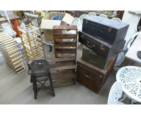 A trunk, library ladders, shelves, etc. 