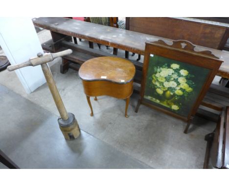 A 19th Century beech butter churn, walnut sewing table and an oak fire screen 