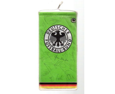 Signed Football Pennant - Germany football pennant with Deutschland stick pin badge, pennant with 18 signatures in biro 1980s