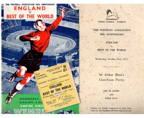 Football Items. Programme, Ticket and Luncheon party table plan for England versus Rest of the world played at Wembley stadiu