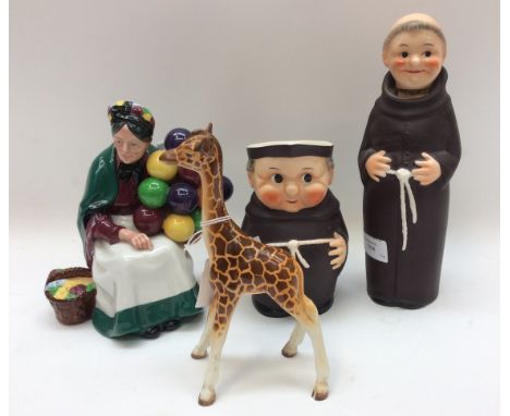 A Royal Doulton Old Balloon Seller HN 1315, a Beswick Giraffe, a Goebel monk spirit flask and a jug (4)  