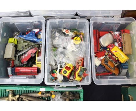 Three containers of diecast vehicles by Dinky, Corgi, Budgie etc, some modern, mainly older, some for spares and repairs.