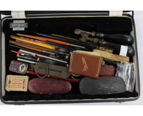 Fountain pens, dip pens, spare nibs, pen wipes, stamp perforators, vintage spectacles, paper knife, caddy spoons, scales, Vic