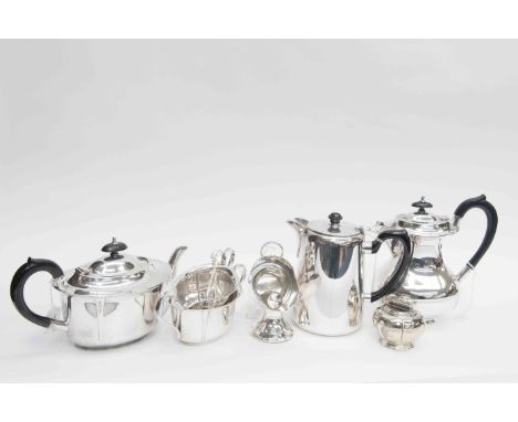 An EPNS tea/coffee service with additional EPBM sugar scuttle and a calibri lighter (7) 