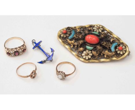 A 9ct garnet and opal ring; together with two further rings, a silver blue enamel anchor brooch 1915 (af) etc (5) 