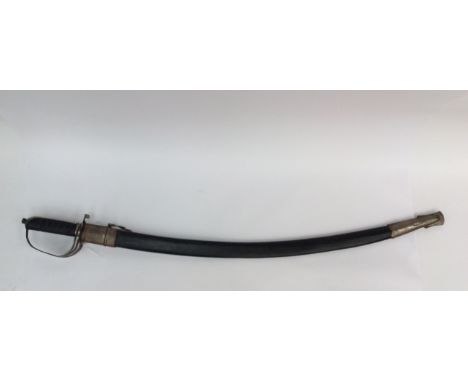 A decorative Indian made Sword. Curved 78cm long single edged blade with fuller and acid etched decoration. Wire bound leathe