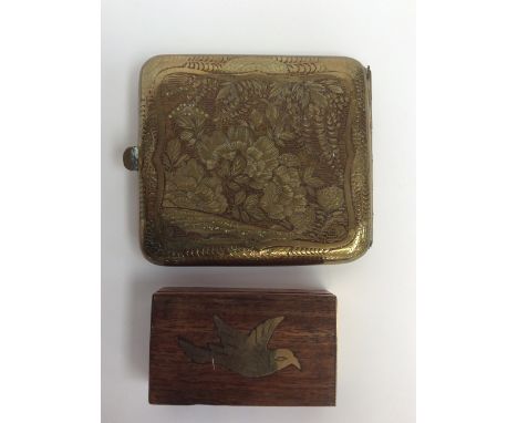Early 20th century engraved brass cigarette case with Japanese themed flowers and birds, together with a treen and brass trin