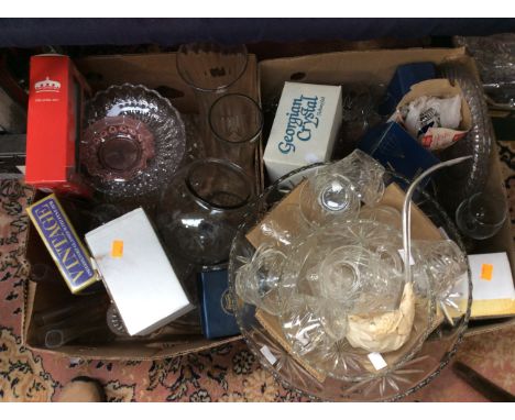 Boxed Tutbury Crystal, boxed Georgian Crystal, boxed punch bowl and ladle and glasses, further assorted glass ware, vases, bo