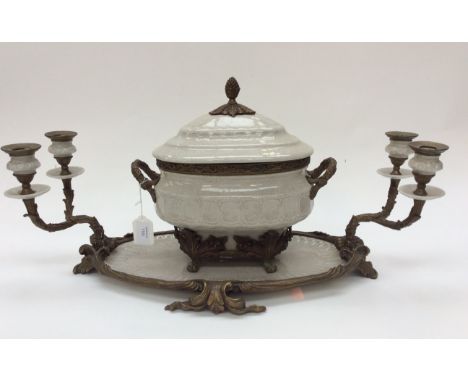 French table centrepiece comprising tray with Art Deco Ormolu decoration plus four candle holders with matching tureen and co