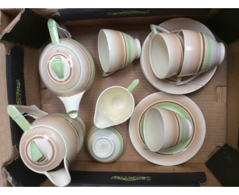 A late 1930s Wedgwood & Co, coffee service green and buff ship pattern, painted, coffee pot, tea pot, four cups/saucers milk 