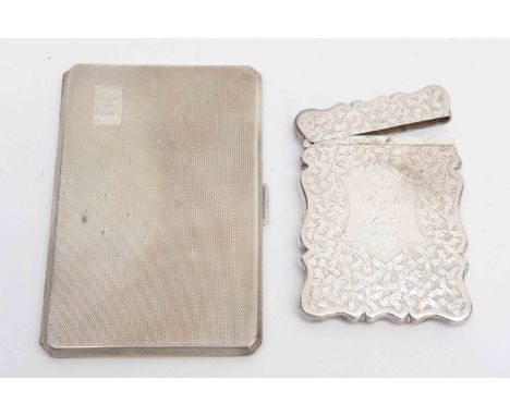 A Victorian engraved card case with with dedication to cartouche, Birmingham, 1918 together with a silver engine turned cigar