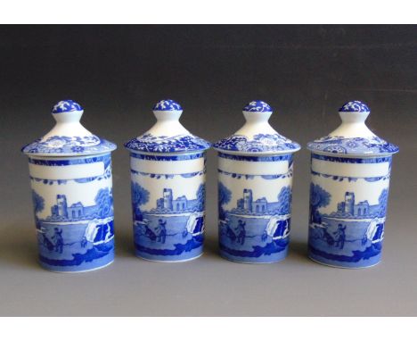 A Set of Four  Spode Spice Jars and covers.  “Italian Pattern”Date  21st centurySize  6.5cm diam  11.5cm highCondition;  Good