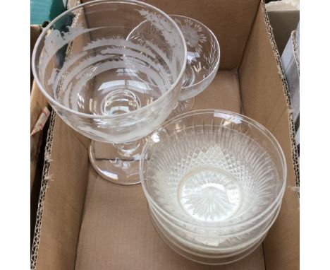 A 19th Century glass goblet, acid etched hunting scene, six cutglass dishes, sundee dish. (8)