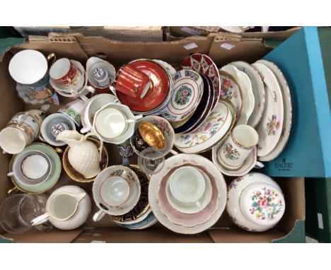Caughley reproduction mask head jug, Baleek jug, assorted cups and saucers, etc. (one box)