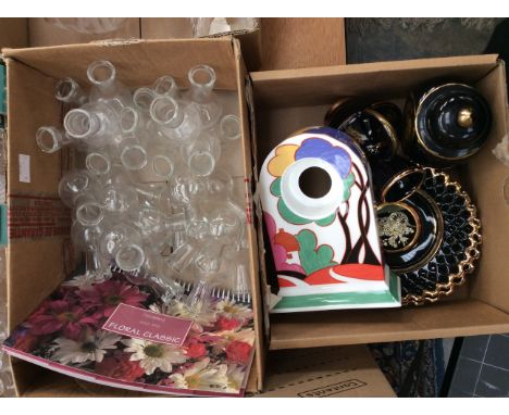 Multi stacking flower vases with display feature booklet, Chokin ware and a Wedgwood Clarice Cliff clock mount (two boxes)