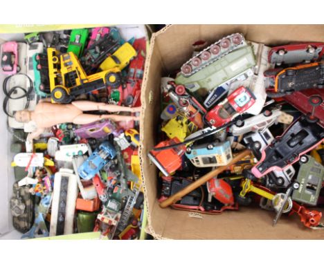 Diecast: Two boxes of assorted playworn, diecast vehicles to include: Dinky; Horsebox, Maximum Security Vehicle, Pink Panther