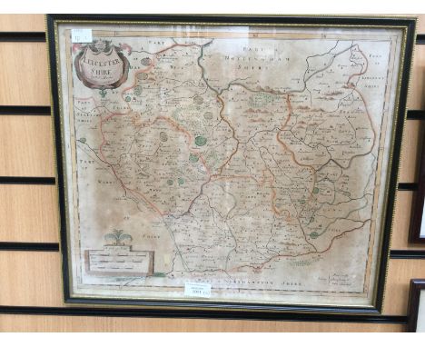 A framed Morden's map of Leicesteshire and four framed prints of hunting and shooting interest. (5)