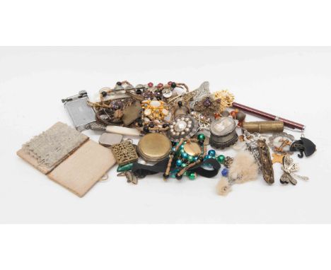 Miniature rosary in metal work casing, vinaigrette, a lighter, compass WWI, lighter WWI, vintage jewellery, a coal miners che