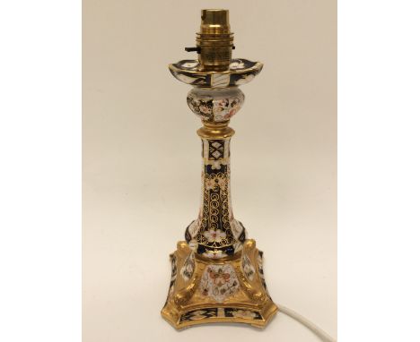 Crown Derby candlestick, converted in to a lamp base, with fittings.