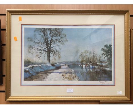 Terence Cuneo, winter river landscape, print bearing publisher's blind-stamp, signed in pencil l.r., framed & galzed