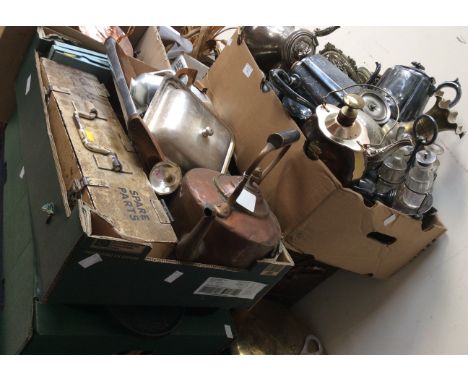 A copper coal box with three boxes of metalware, including shop scales and weights, EPNS galleried tray, Piquot ware tea serv