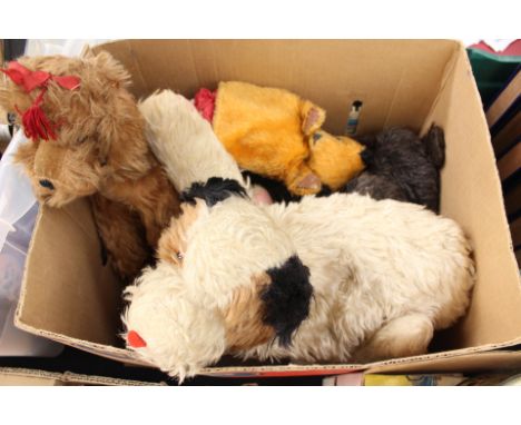 A collection of assorted soft toys to include: Chad Valley style Sooty, plus four other straw filled toys.