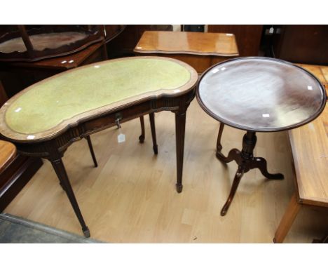 A 19th Century mahogany topped tripod table, an Edwardian kidney shaped writing desk together with a 1930s side table with si